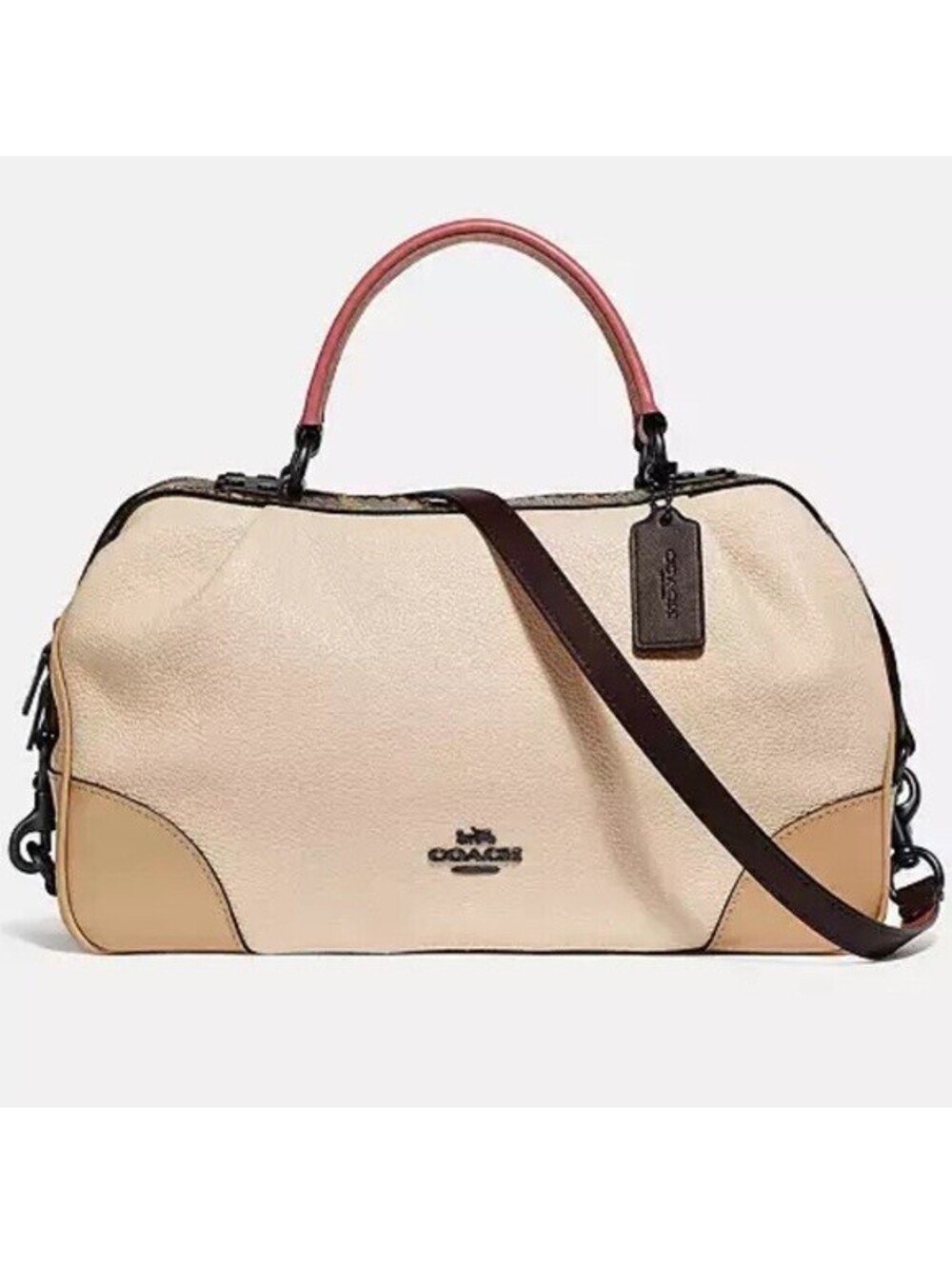 Coach Lane Cream Pebbled Leather Satchel with Coral Handles Snakeskin Detail